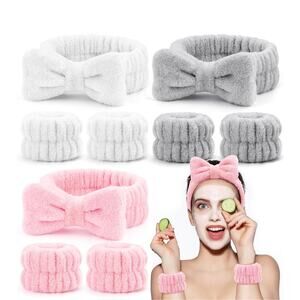 Face Wash Headband & Wristband Set, 9 PCS, Microfiber, Pink/White/Grey